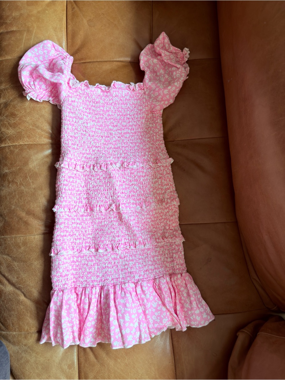 Katie J NYC Pink Smocked Floral Dress with Ruffle Hem